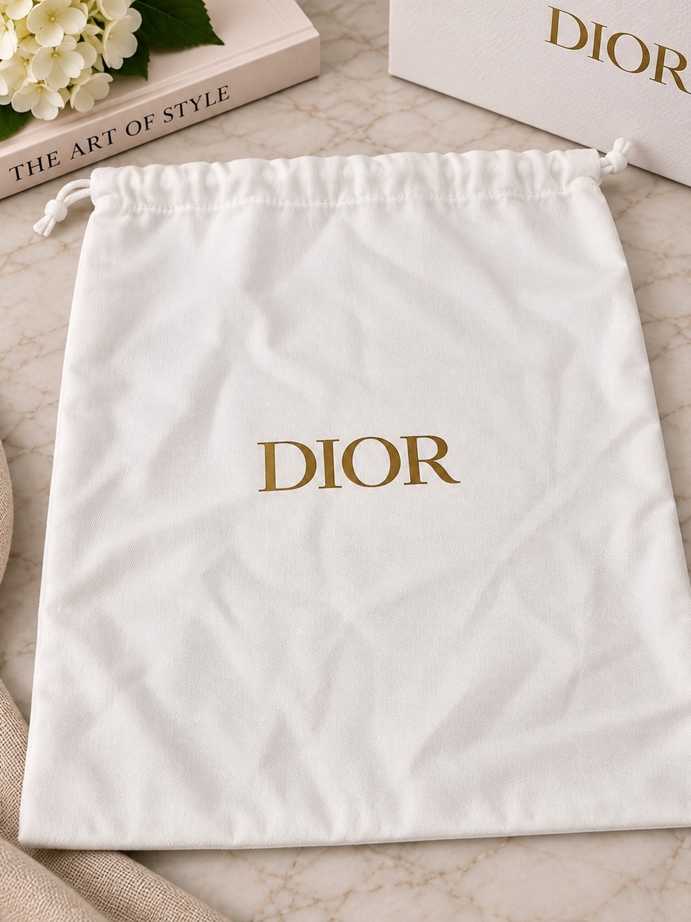 Dior White Drawstring Dust Bag with Gold Logo